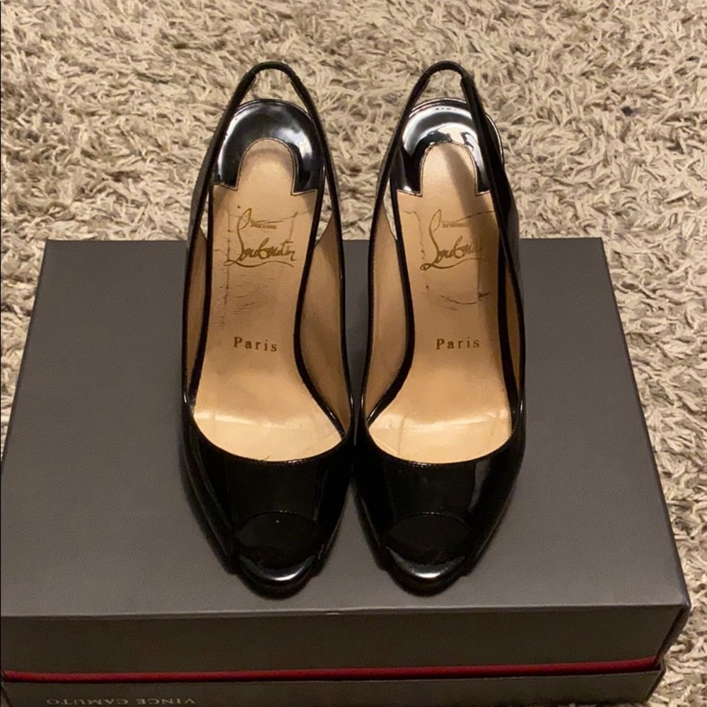 christian louboutin patent leather black peep toe